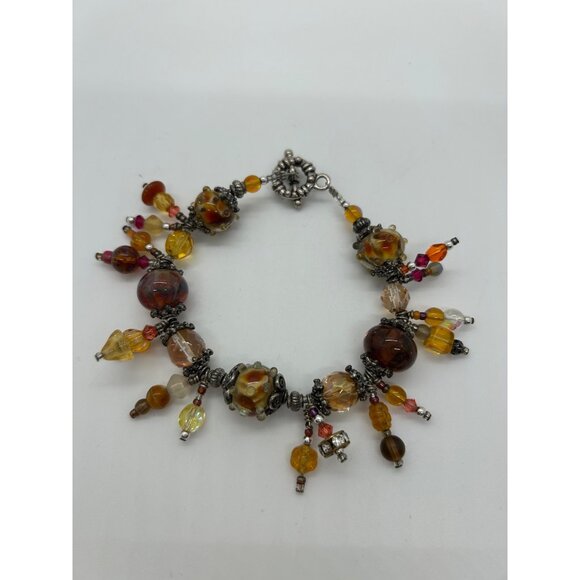Artisan Lampwork Glass Bracelet With Amber Gold Swirl and Faceted Beads - Picture 2 of 16
